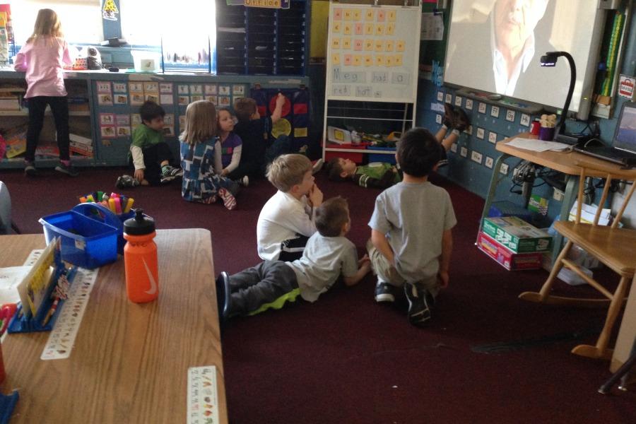 Kindergartners in Mrs. Kathleen McCarthy's class watched a movie.