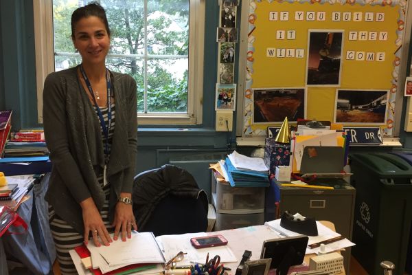 Fifth grader teacher Mrs. Salerno in her classroom.